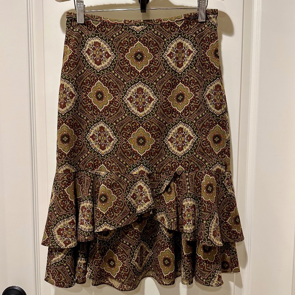 ANN TAYLOR LOFT AUTUMN A-LINE TIERED RUFFLE SKIRT SZ 2 RUST GOLD OLIVE TAN BROWN